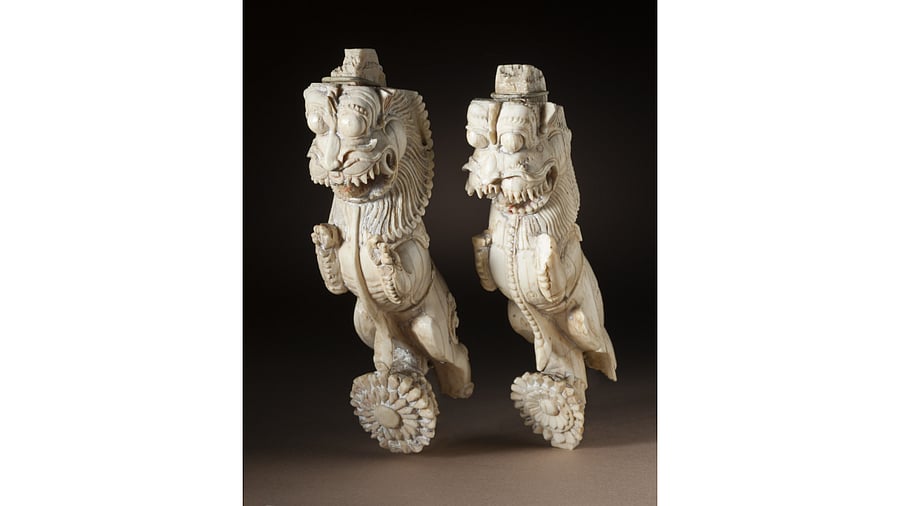 <div class="paragraphs"><p>A pair of architectural brackets in the form of rampant leonine creatures (yali or vyala), from a processional mandapa, Madurai, 17th century, ivory with traces of paint. </p></div>