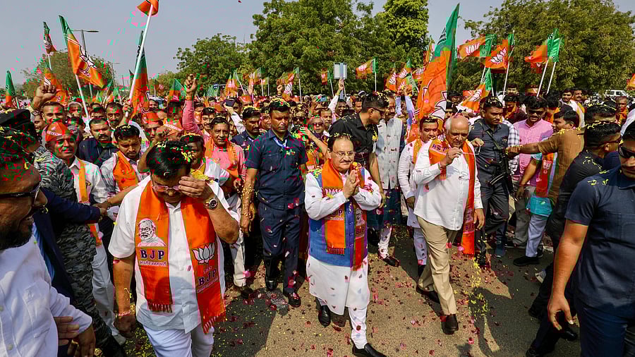 <div class="paragraphs"><p>BJP President J.P. Nadda with Gujarat Chief Minister Bhupendra Patel and other party leaders during a procession for filing of his nomination papers for Rajya Sabha polls, in Gandhinagar.</p></div>