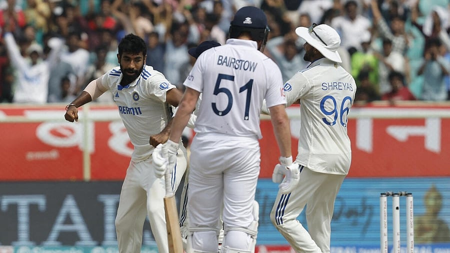 <div class="paragraphs"><p>Jasprit Bumrah celebrates after successfully appealing for the lbw wicket of England's Jonny Bairstow</p></div>