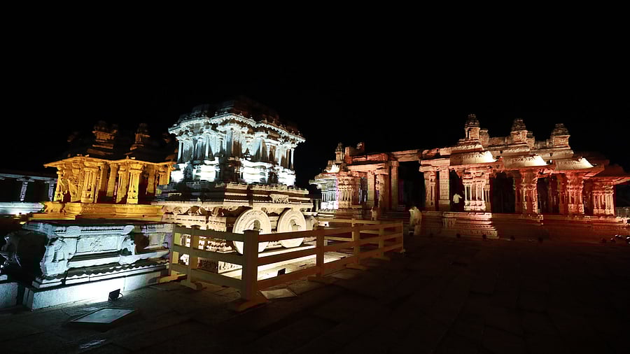 <div class="paragraphs"><p>The illuminated Vijaya Vithala temple and stone chariot in Hampi give an other worldly feel. </p></div>