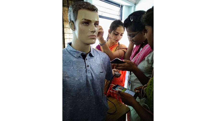 <div class="paragraphs"><p>Students check the level of music on their phones at an awareness session by Dr S R Chandrasekhar Institute of Speech and Hearing. This was part of Hearing Day 2023. </p></div>