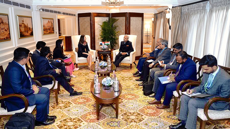 <div class="paragraphs"><p>EAM S Jaishankar with Panama's Finance Minister Janaina Tewaney Mencomo on the sidelines of&nbsp;Raisina Dialogue 2024.</p></div>