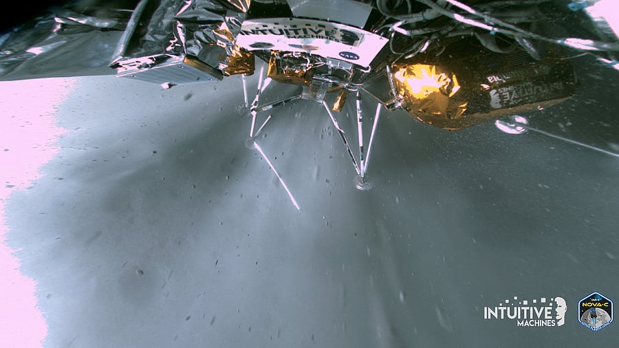 <div class="paragraphs"><p>The landing strut of Intuitive Machines' Odysseus lunar lander absorbs first contact with the lunar surface during its landing at the Malapert A site on the Moon, as the liquid methane and liquid oxygen engine continues to throttle February 22, 2024. </p></div>