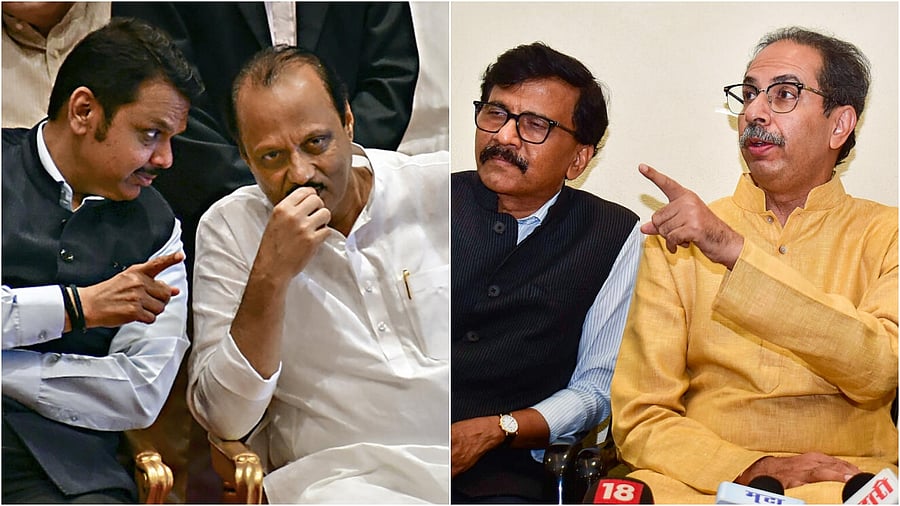 <div class="paragraphs"><p>Devendra Fadnavis and Ajit Pawar(L) and Shiv Sena (UBT) leaders Uddhav Thackeray and Sanjay Raut</p></div>