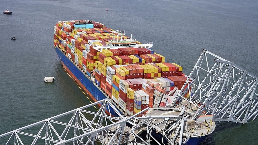 <div class="paragraphs"><p>Aerial view of the US ship which crashed into the Francis Scott Key Bridge, causing it to collapse in Baltimore.</p></div>