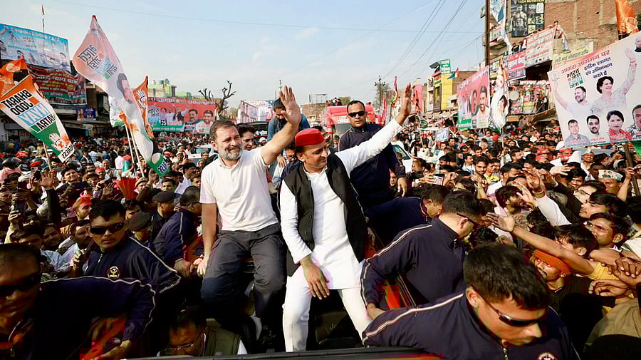 <div class="paragraphs"><p>File photo of Congress MP Rahul Gandhi and Samajwadi Party chief Akhilesh Yadav during the 'Bharat Jodo Nyay Yatra', in Agra</p></div>