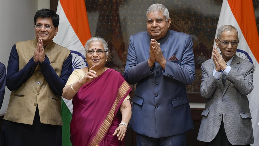 <div class="paragraphs"><p>Rajya Sabha Chairman Jagdeep Dhankhar with philanthropist and author Sudha Murty, Infosys co-founder N R Narayana Murthy and Leader of the House Piyush Goyal after administering oath to her as Rajya Sabha MP, at Parliament House in New Delhi, Thursday on March 14, 2024.</p></div>