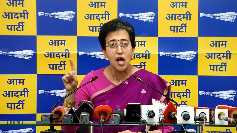 <div class="paragraphs"><p>Delhi Minister and AAP leader Atishi addresses at press conference at the party office in Delhi.</p></div>