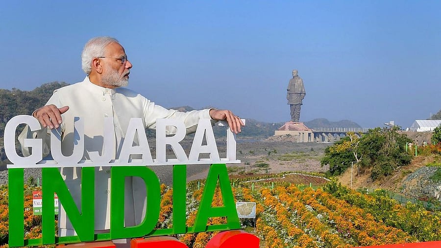 <div class="paragraphs"><p>Prime Minister Narendra Modi at the inauguration of 'Valley of Flowers', overlooking a 182-meters high statue of Sardar Vallabhbhai Patel, on the occasion of Rashtriya Ekta Diwas, at Kevadiya colony of Narmada district.</p></div>