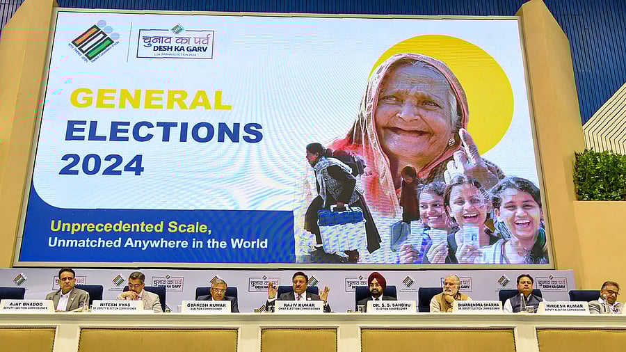 <div class="paragraphs"><p>Chief Election Commissioner Rajiv Kumar with Election Commissioners Gyanesh Kumar and S.S. Sandhu during the announcement of the schedule for General Elections 2024, and elections to the Legislative Assemblies of Andhra Pradesh, Sikkim, Arunachal Pradesh and Odisha, in New Delhi, Saturday, March 16, 2024. Lok Sabha elections will be held in seven phases beginning from April 19 and results will be announced on June 4. </p></div>