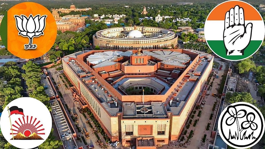 <div class="paragraphs"><p>View of the new Parliament building. Logos of parties with significant number of seats in the current Lok Sabha can be seen on the sides. </p></div>