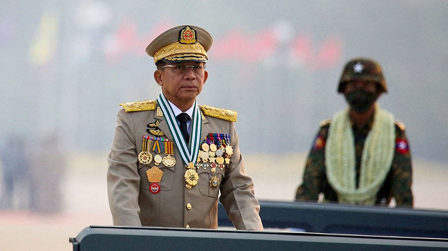 <div class="paragraphs"><p>File Photo: Myanmar's junta chief Senior General Min Aung Hlaing, who ousted the elected government in a coup on February 1, 2021, presides over an army parade on Armed Forces Day in Naypyitaw, Myanmar, March 27, 2021. </p></div>