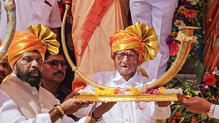 <div class="paragraphs"><p>NCP (Sharadchandra Pawar) chief Sharad Pawar during the launch of party's new symbol, at Raigad Fort, in Raigad district.</p></div>