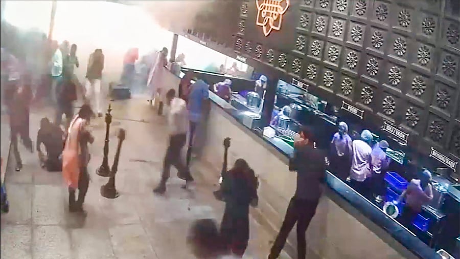 <div class="paragraphs"><p>Staff and customers at Rameswaram Cafe after a blast, in Bengaluru, Friday, March 1, 2024. At least nine people were injured in the blast, according to police.</p></div>