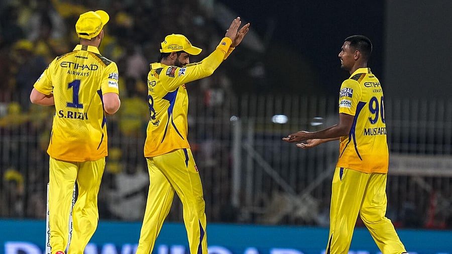 <div class="paragraphs"><p>Chennai Super Kings' Mustafizur Rahman celebrates with teammates the wicket of Royal Challengers Bengaluru batter Cameron Green during the Indian Premier League (IPL) 2024 cricket match between Chennai Super Kings and Royal Challengers Bengaluru at MA Chidambaram Stadium, in Chennai, Friday, March 22, 2024</p></div>