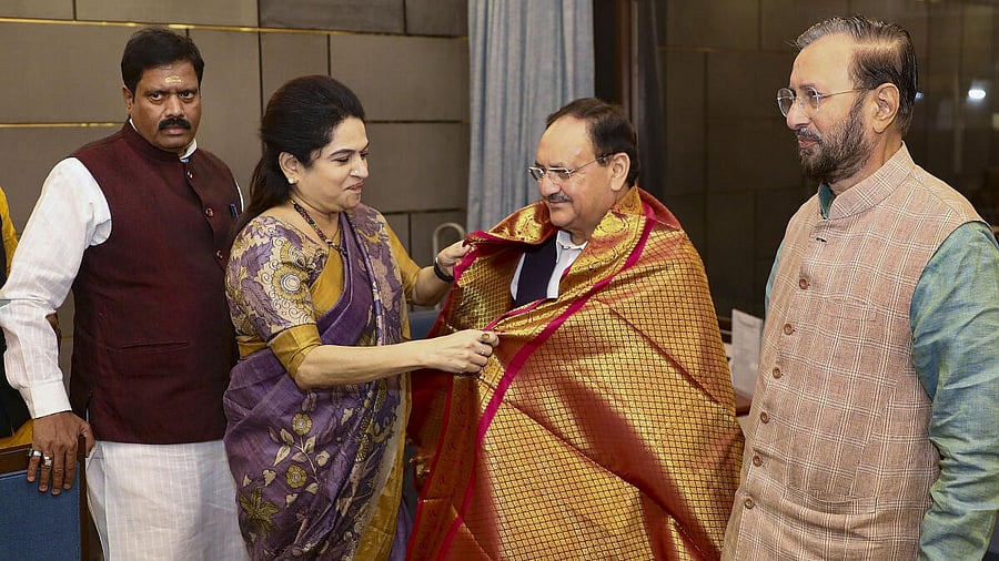 <div class="paragraphs"><p>BJP National President JP Nadda being felicitated by newly-joined party leader Padmaja Venugopal during a meeting, in New Delhi on Thursday. </p></div>