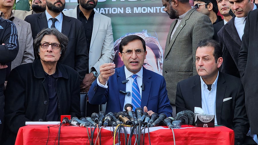 <div class="paragraphs"><p>A file photo of Gohar Ali Khan addressing a press conference at the party's office.</p></div>