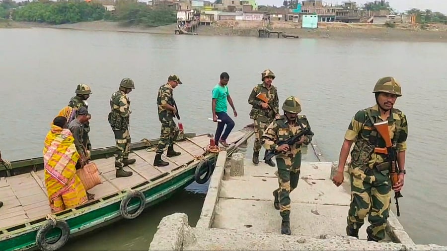 <div class="paragraphs"><p>North 24 Parganas: Security personnel conduct a route march, at Sandeshkhali in North 24 Parganas, Monday, March 4, 2024. </p></div>
