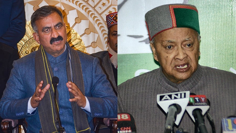 <div class="paragraphs"><p>A file pictures of Himachal Pradesh Chief Minister Sukhvinder Singh Sukhu (L) & late Virbhadra Singh, a six-time chief minister of the hill state. </p></div>