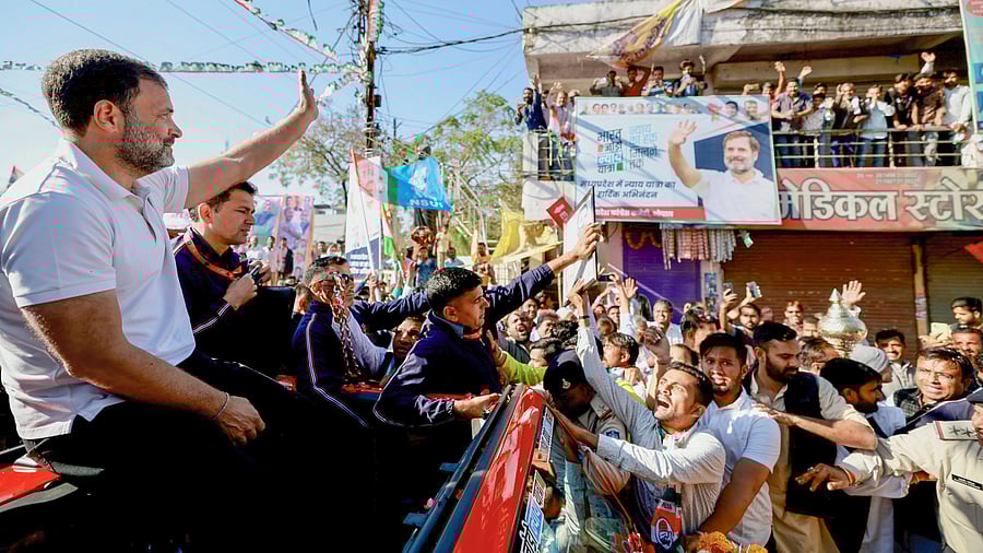 <div class="paragraphs"><p>Congress leader Rahul Gandhi waves at supporters during the Bharat Jodo Nyay Yatra, in Shajapur, Madhya Pradesh, Tuesday, March 5, 2024. </p></div>