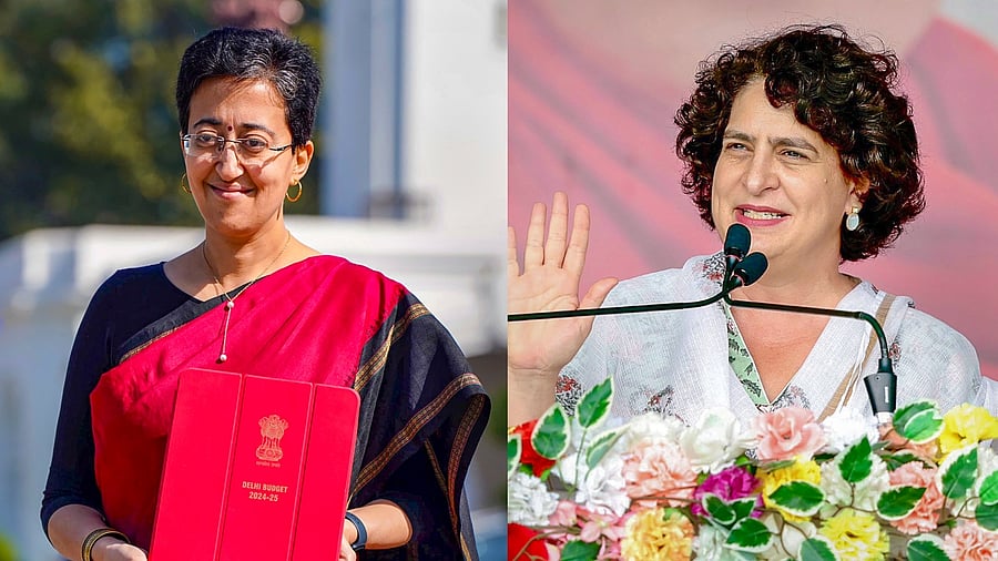 <div class="paragraphs"><p>Delhi Finance Minister Minister Atishi Singh arrives at the Vidhan Sabha to present the Delhi State Budget 2024-25, in Delhi, on Monday (L); A file photo of AICC General Secretary Priyanka Gandhi Vadra (R)</p></div>