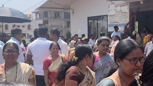 <div class="paragraphs"><p>Anganwadi workers coming out of Women and Child Welfare Minister Lakshmi Hebbalkar's home office.</p></div>