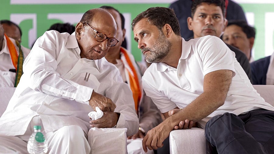 <div class="paragraphs"><p>Rahul Gandhi with NCP (Sharadchandra Pawar) President Sharad Pawar during 'Kisan Mahapanchayat' in Nashi</p></div>