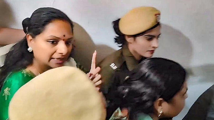 <div class="paragraphs"><p>A file image of K Kavitha being produced at Rouse Avenue Court in New Delhi.</p></div>