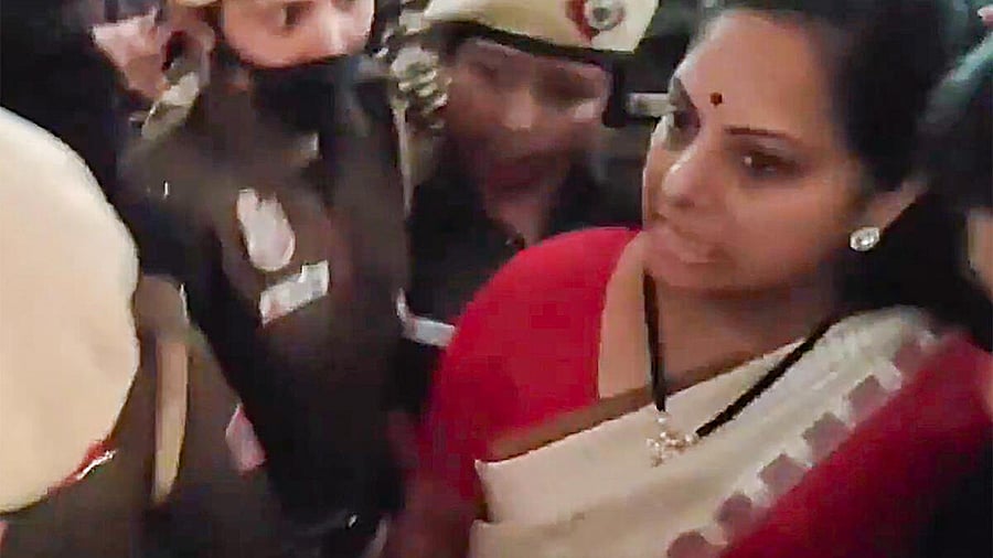 <div class="paragraphs"><p>BRS leader K Kavitha, arrested by the ED in connection with the Delhi excise policy-linked money laundering case, being produced at the Rouse Avenue Court, in New Delhi. </p></div>