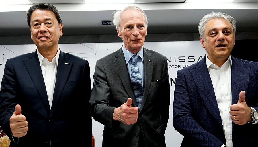 <div class="paragraphs"><p>Chairman of the Board of Directors at Renault Group Jean- Dominique Senard with Nissan Motor Company Ltd President and CEO Makoto Uchida and Renault Group CEO Luca de Meo during a press conference at the joint manufacturing facility of Renault-Nissan Automotive India Pvt, near Chennai, Wednesday, March 27, 2024. </p></div>