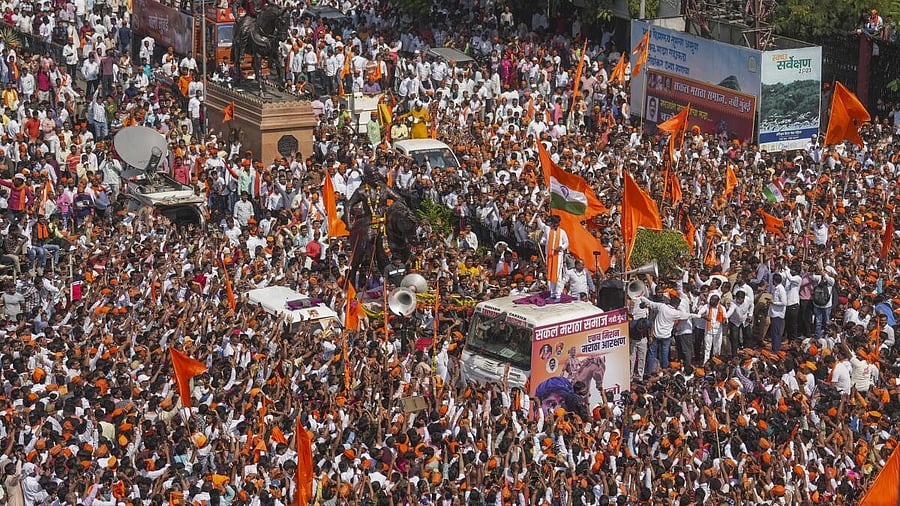 <div class="paragraphs"><p>Supporters of the Maratha quota activist Manoj Jarange-Patil during a protest demanding Maratha reservation in Navi Mumbai.&nbsp;</p></div>