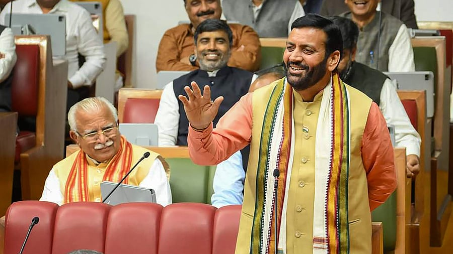 <div class="paragraphs"><p>Haryana Chief Minister Nayab Singh Saini speaks at a session of the state Assembly, in Chandigarh.</p></div>