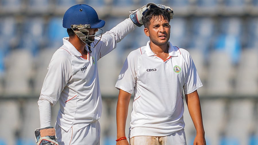 <div class="paragraphs"><p>Vidarbha's bowler Harsh Dubey celebrates the wicket during the third day of the Ranji Trophy final cricket match between Mumbai and Vidarbha, on Tuesday.</p></div>