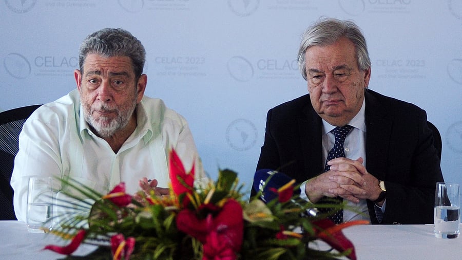 <div class="paragraphs"><p>Prime Minister of Saint Vincent and the Grenadines Ralph Gonsalves and United Nations Secretary General Antonio Guterres hold a news conference ahead of the 8th Community of Latin American and Caribbean States  summit, in Kingstown, St. Vincent and the Grenadines, February 29, 2024.</p></div>