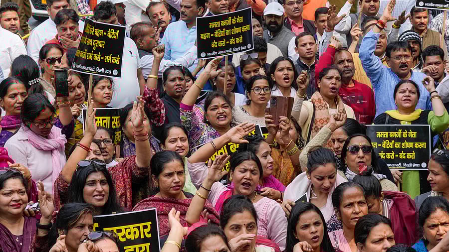 <div class="paragraphs"><p>New Delhi: Delhi BJP workers raise slogans during a protest against the West Bengal government over  Sandeshkhali issue, in New Delhi, Friday, March 1, 2024.   </p></div>