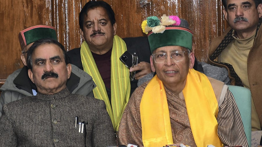 <div class="paragraphs"><p>Himachal Pradesh Chief Minister Sukhvinder Singh Sukhu seen here with Rajya Sabha Congress candidate Abhishek Manu Singhvi that nine MLAs, including six Congress rebels and three independents, voted against.</p></div>