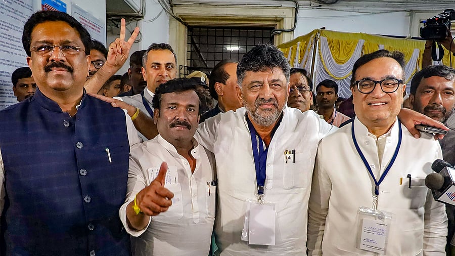<div class="paragraphs"><p>A file photo of Karnataka Deputy Chief Minister D K Shivakumar with newly-elected Congress Rajya Sabha MPs Syed Naseer (in blue shirt) Hussain, GC Chandrashekar, Ajay Makhan and others, at Vidhana Soudha in Bengaluru on February 27, 2024. </p></div>