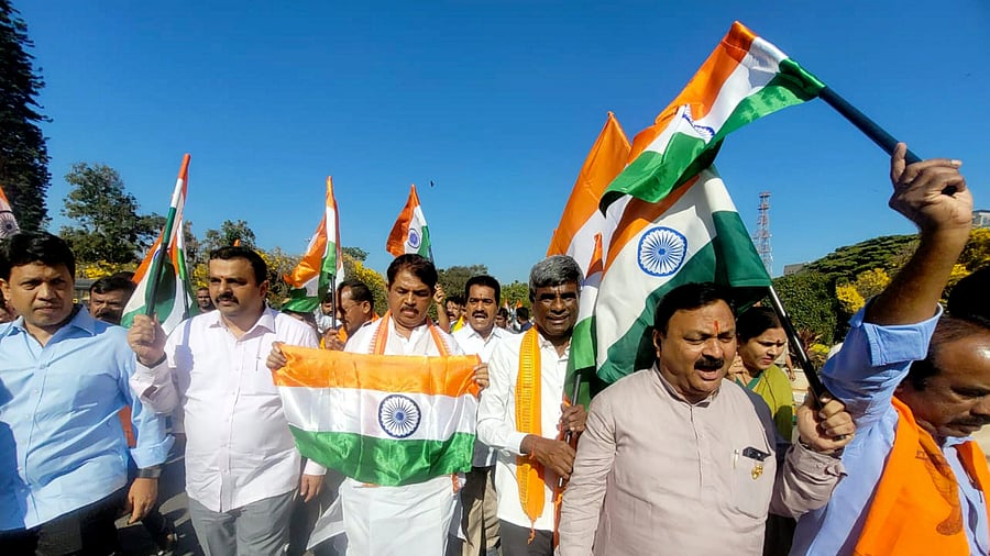 <div class="paragraphs"><p>Bengaluru: Leader of Opposition in Karnataka Assembly R. Ashoka with party MLAs during a protest march after pro-Pakistan slogans were allegedly raised by Congress workers following Congress leader Syed Naseer Hussain's election to the Rajya Sabha, in Bengaluru, Wednesday, Feb. 28, 2024. </p></div>