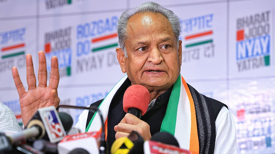 <div class="paragraphs"><p>Former Rajasthan chief minister Ashok Gehlot addresses a press conference.</p></div>