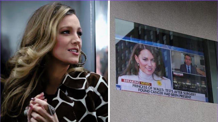 <div class="paragraphs"><p>A screen shows the news on the health of Britain's Catherine, Princess of Wales, after she said she was undergoing preventive chemotherapy (right) and actress Blake Lively.</p></div>
