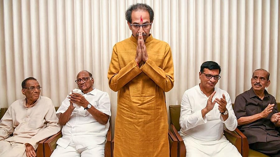 <div class="paragraphs"><p>Sena (UBT) head Uddhav Thackeray (centre) and NCP (SP) chief Sharad Pawar (to his left). </p></div>