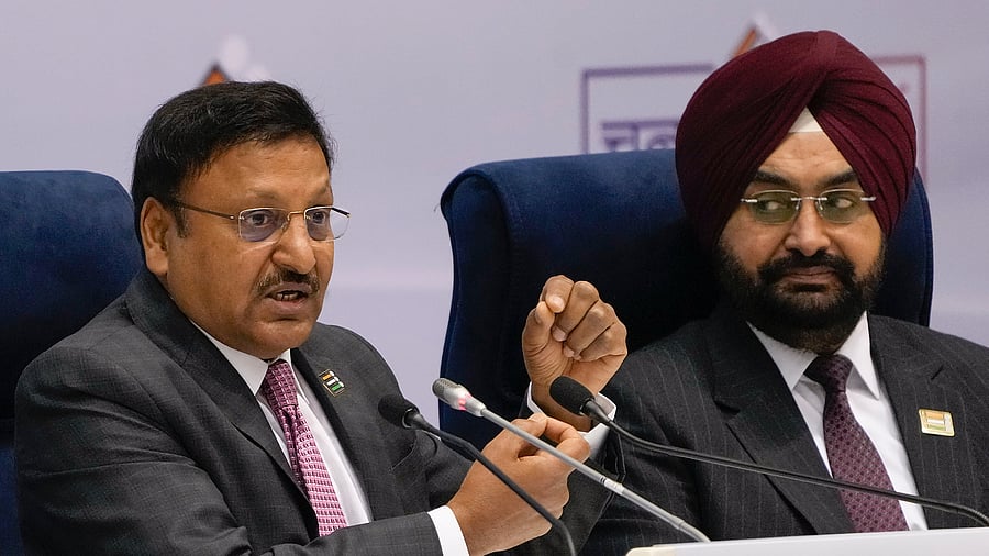 <div class="paragraphs"><p>Chief Election Commissioner Rajiv Kumar with Election Commissioner S S Sandhu during announcement of the schedule for General Elections 2024, and elections to the Legislative Assemblies of Andhra Pradesh, Sikkim, Arunachal Pradesh and Odisha, in New Delhi, Saturday, March 16, 2024. </p></div>
