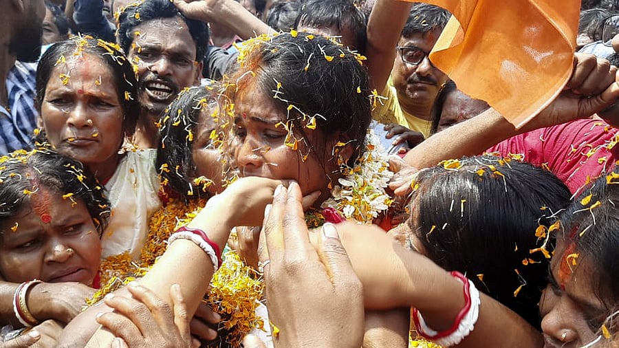 <div class="paragraphs"><p>JP candidate for Basirhat constituency Rekha Patra during her election campaign ahead of the Lok Sabha polls, at Sandeshkhali in North 24 Parganas district, Wednesday,</p></div>