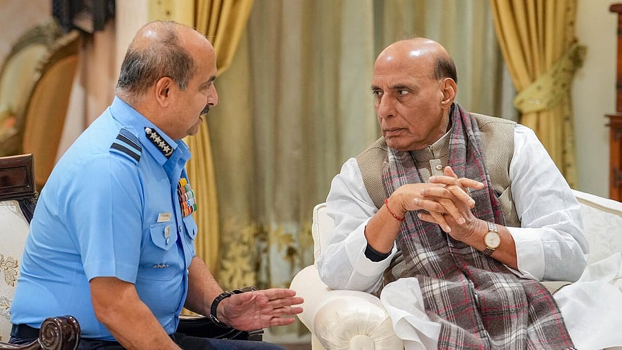 <div class="paragraphs"><p>Union Defence Minister Rajnath Singh with IAF chief Air Chief Marshal Vivek Ram Chaudhari</p></div>