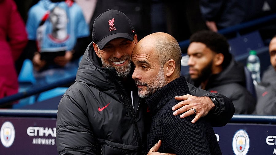 <div class="paragraphs"><p> Manchester City manager Pep Guardiola with Liverpool manager Juergen Klopp.</p></div>