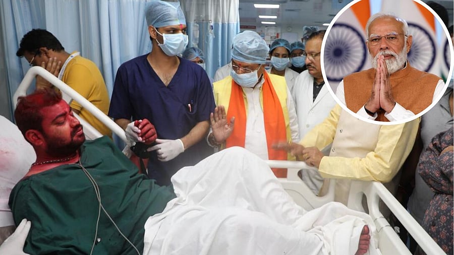 <div class="paragraphs"><p>Person injured in the Mahakal Temple fire can be seen in this collage along with PM Narendra Modi on the side. </p></div>