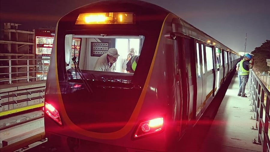 <div class="paragraphs"><p>The driverless train during its trial run on the Yellow Line on Thursday evening. PHOTO BY </p></div>