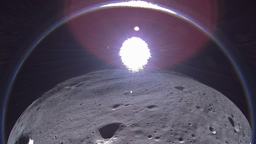 <div class="paragraphs"><p>An image from February 22, 2024, transmitted through Odysseus showcases the crescent Earth in the backdrop.</p></div>