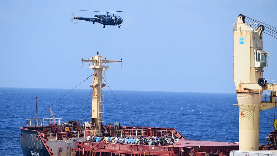 <div class="paragraphs"><p>An Indian Navy helicopter during an anti-hijacking operation. The Navy successfully cornered and coerced all 35 pirates to surrender & ensured the safe evacuation of 17 crew members onboard MV Ruen. </p></div>
