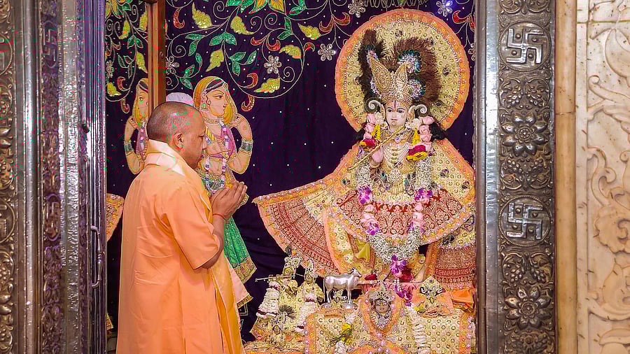 <div class="paragraphs"><p>Uttar Pradesh Chief Minister and BJP leader Yogi Adityanath offers prayers at Sri Krishna Janamsthan temple, in Mathura, Wednesday, March 27, 2024.  </p></div>